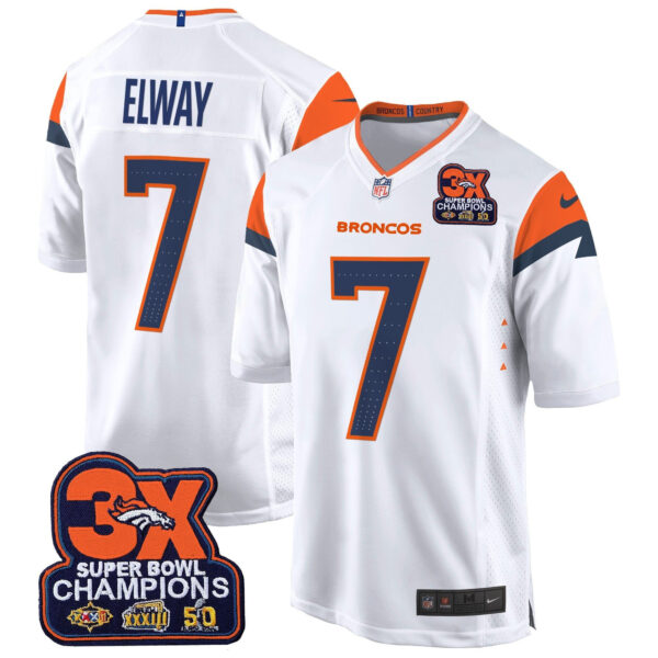 Denver Broncos 3-Time Champions Patch Game Jersey – Al Stitched – White – John Elway Jersey