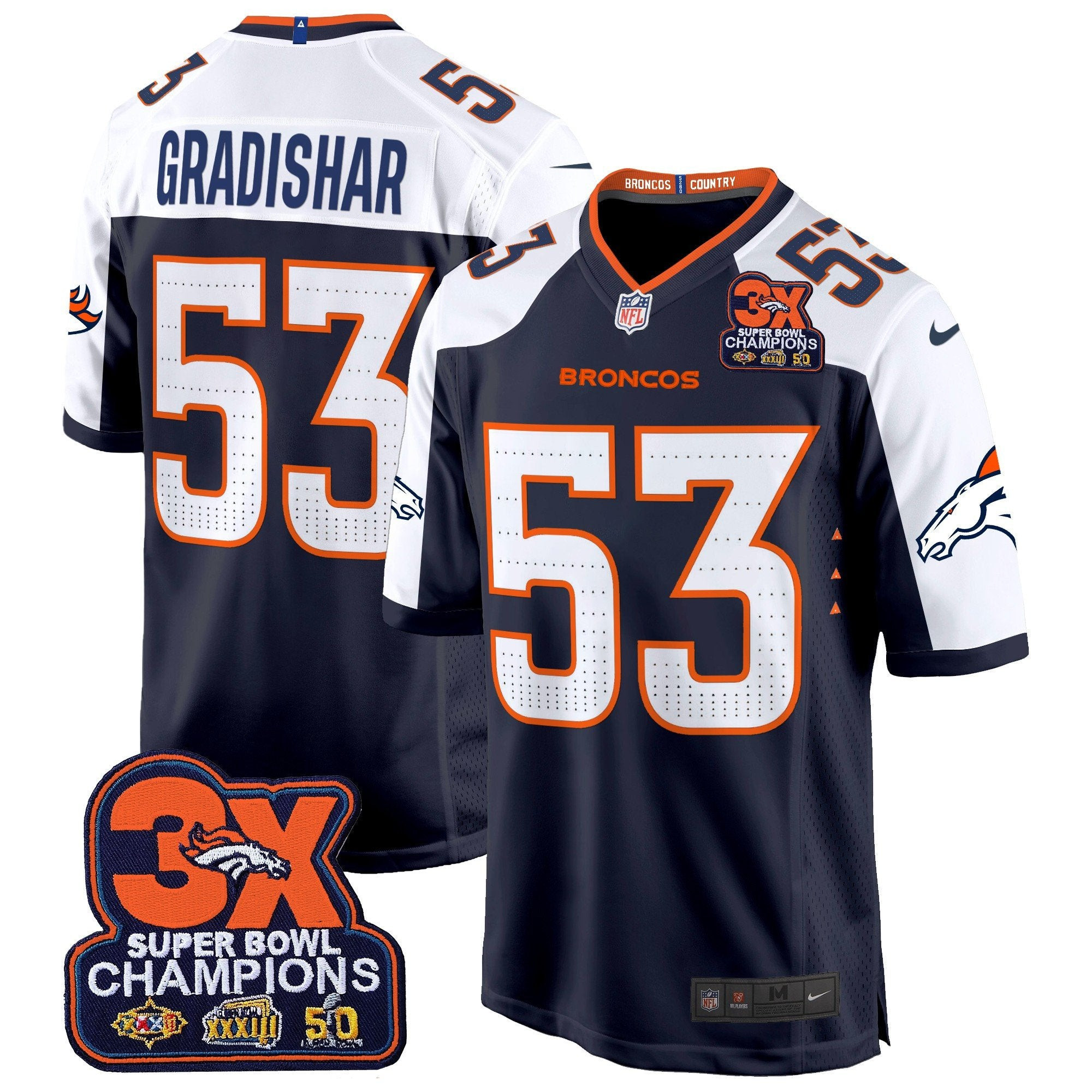 Denver Broncos 3-Time Champions Patch Game Jersey – Al Stitched – Navy Alternate – Randy Gradishar Jersey
