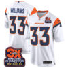 Denver Broncos 3-Time Champions Patch Game Jersey – Al Stitched – White – Javonte Williams Jersey