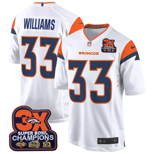 Denver Broncos 3-Time Champions Patch Game Jersey – Al Stitched – White – Javonte Williams Jersey