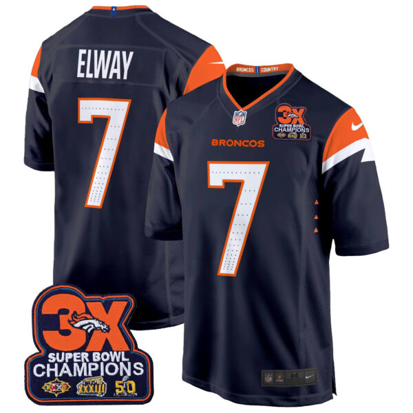 Denver Broncos 3-Time Champions Patch Game Jersey – Al Stitched – Navy – John Elway Jersey