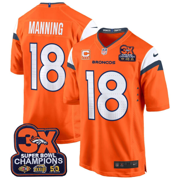 Denver Broncos 3-Time Champions Patch Game Jersey – Al Stitched – Orange – Peyton Manning Jersey