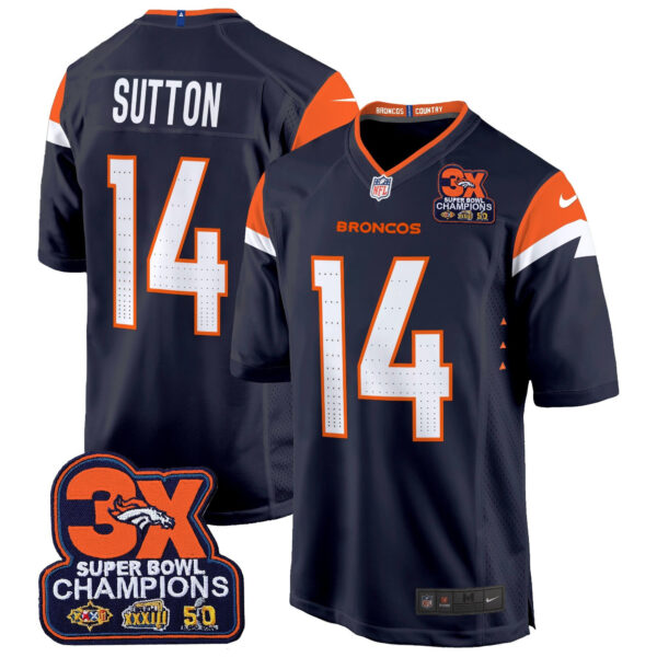 Denver Broncos 3-Time Champions Patch Game Jersey – Al Stitched – Navy – Courtland Sutton Jersey