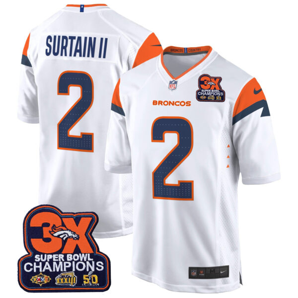 Denver Broncos 3-Time Champions Patch Game Jersey – Al Stitched – White – Patrick Surtain II Jersey