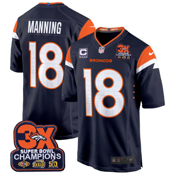 Denver Broncos 3-Time Champions Patch Game Jersey – Al Stitched – Navy – Peyton Manning Jersey