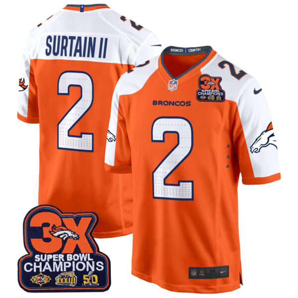 Denver Broncos 3-Time Champions Patch Game Jersey – Al Stitched – Orange Alternate – Patrick Surtain II Jersey