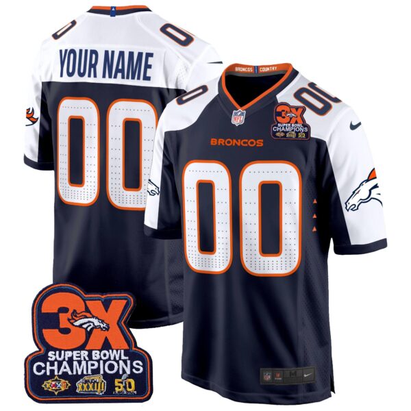 Denver Broncos 3-Time Champions Patch Game Custom Jersey – Al Stitched – Navy Alternate Jersey