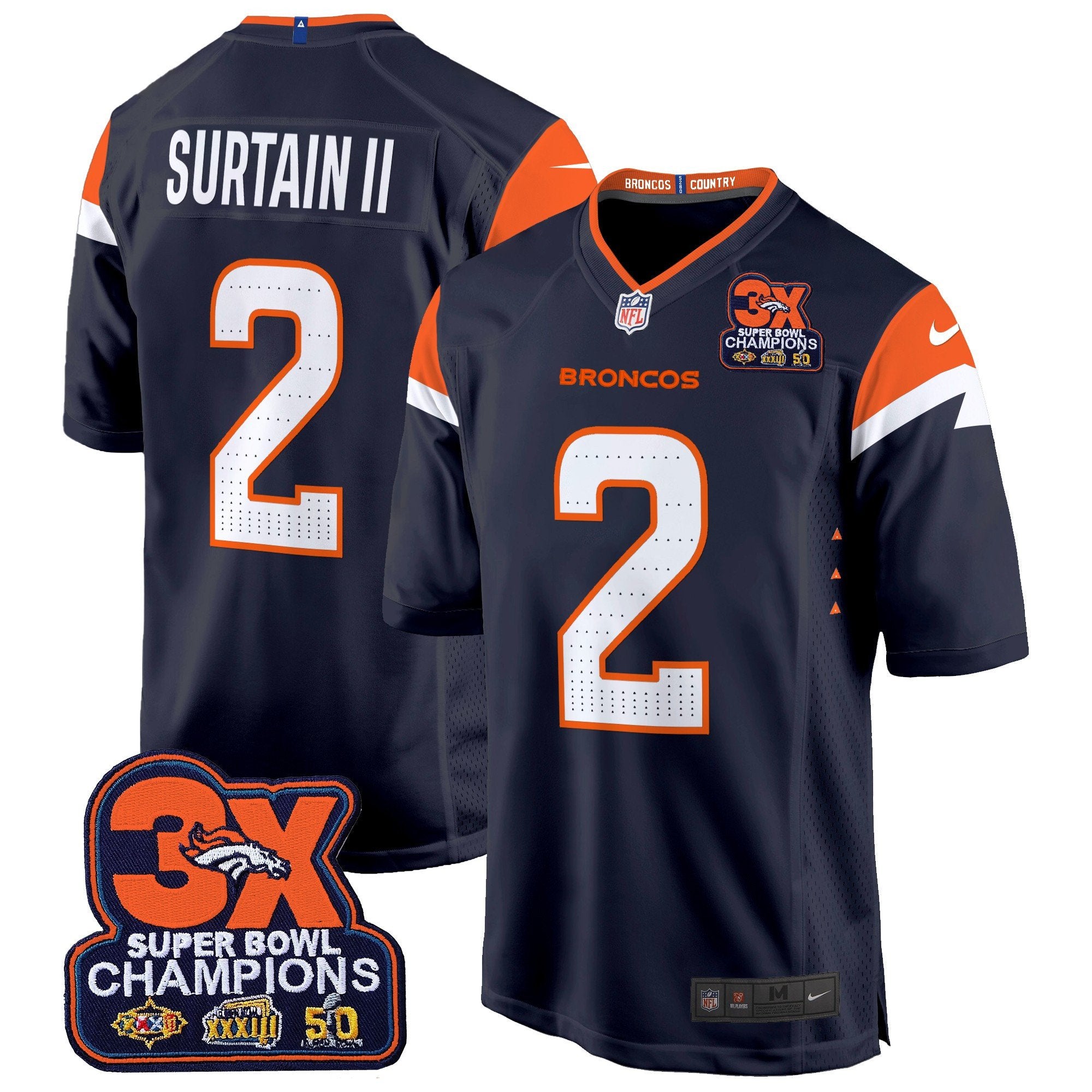 Denver Broncos 3-Time Champions Patch Game Jersey – Al Stitched – Navy – Patrick Surtain II Jersey