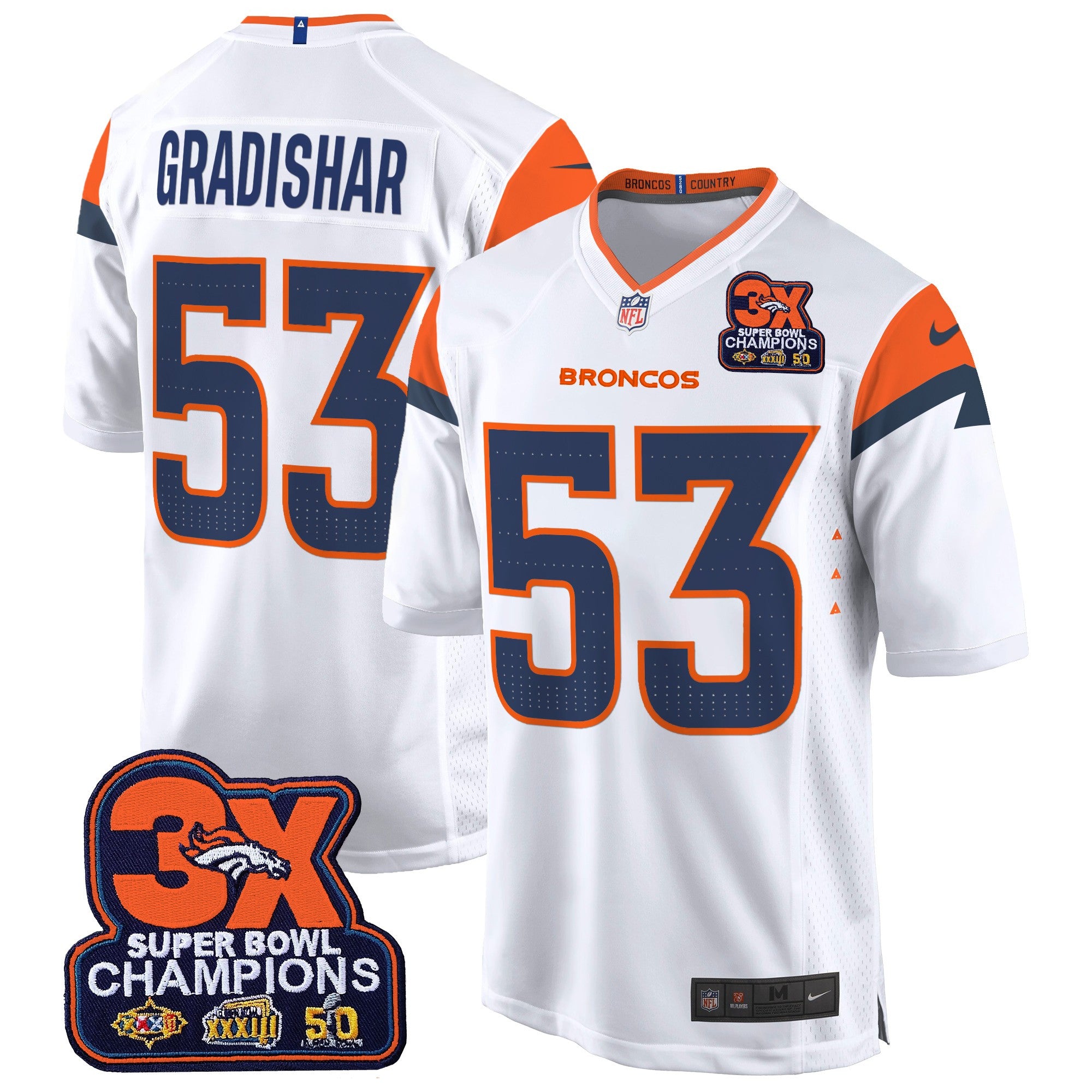 Denver Broncos 3-Time Champions Patch Game Jersey – Al Stitched – White – Randy Gradishar Jersey