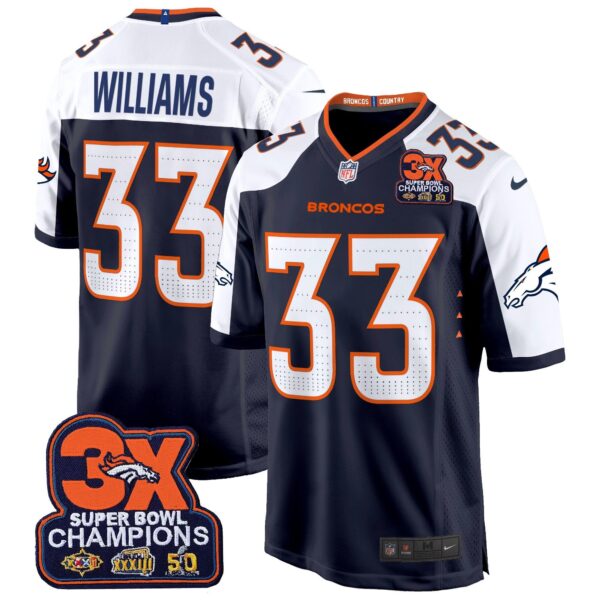Denver Broncos 3-Time Champions Patch Game Jersey – Al Stitched – Navy Alternate – Javonte Williams Jersey