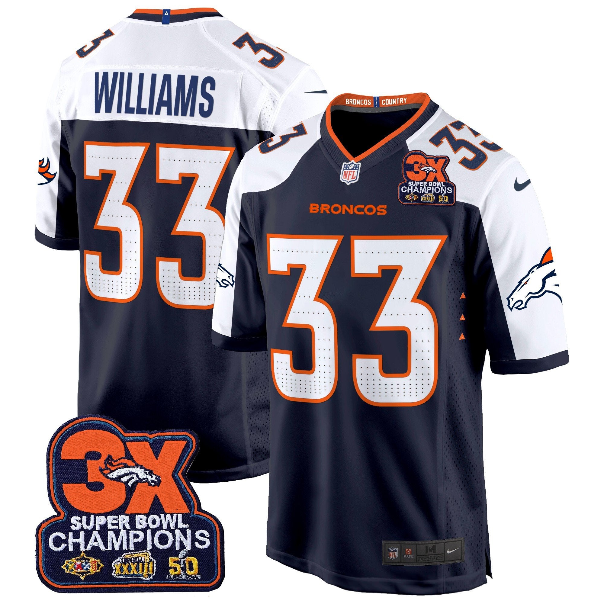 Denver Broncos 3-Time Champions Patch Game Jersey – Al Stitched – Navy Alternate – Javonte Williams Jersey