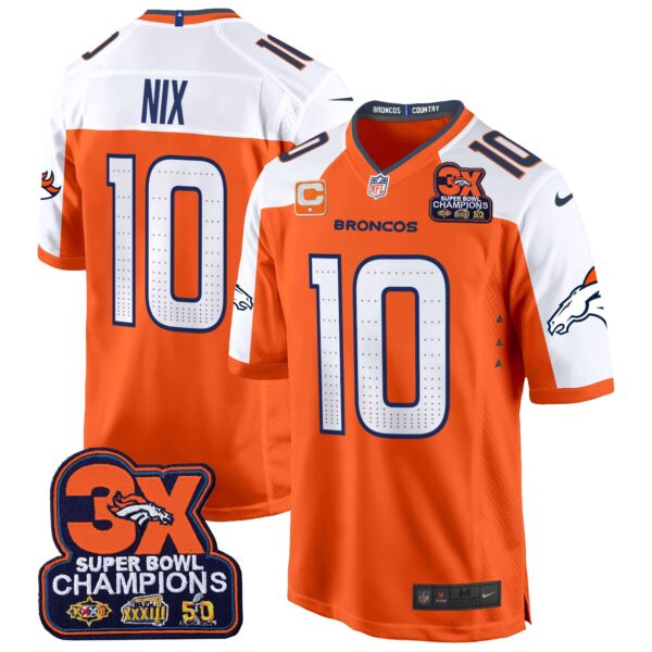 Denver Broncos 3-Time Champions Patch Game Jersey – Al Stitched – Orange Alternate – Bo Nix Jersey