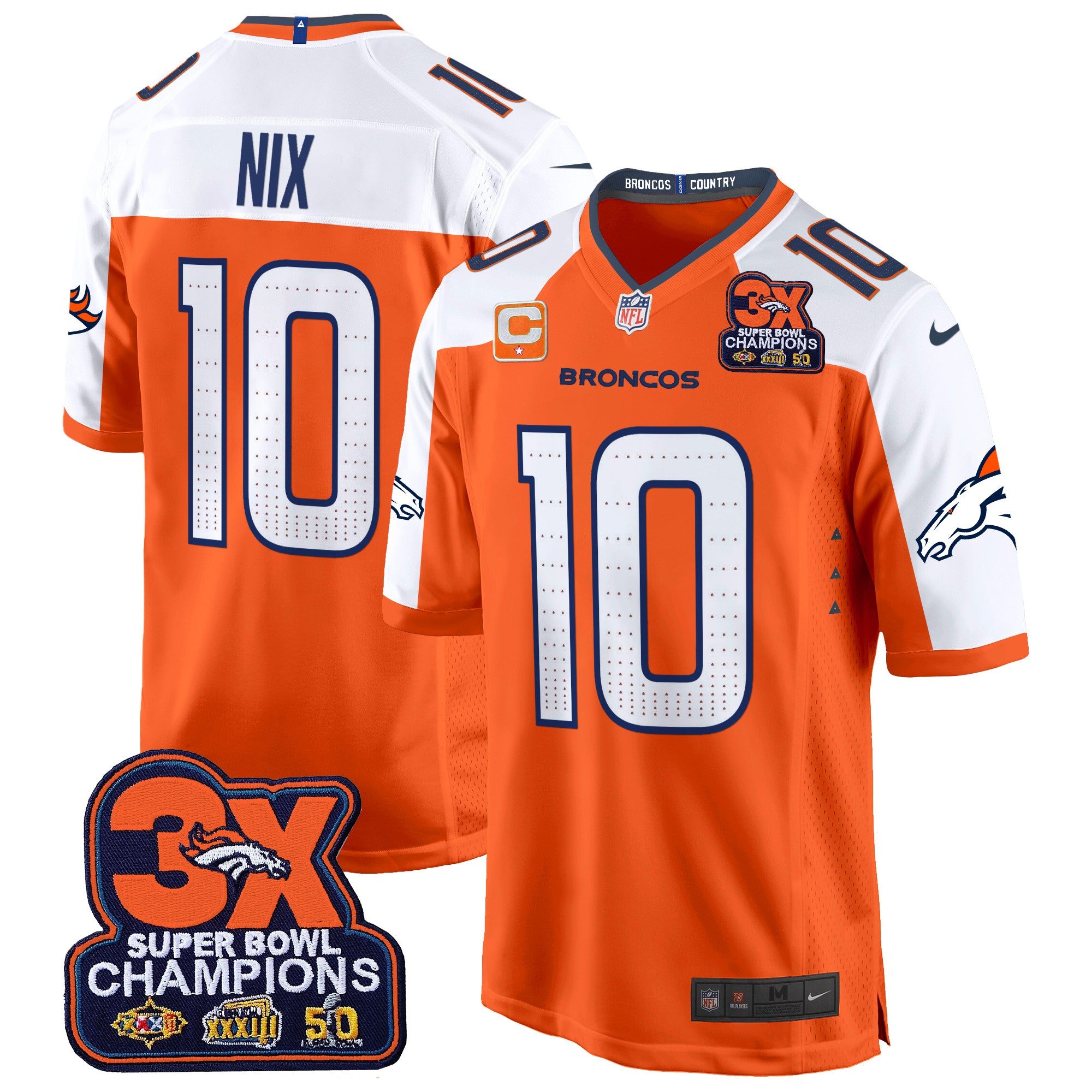 Denver Broncos 3-Time Champions Patch Game Jersey – Al Stitched – Orange Alternate – Bo Nix Jersey