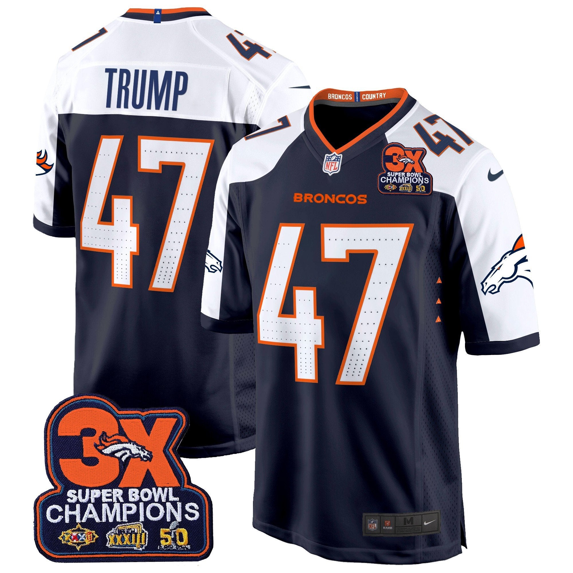 Denver Broncos 3-Time Champions Patch Game Jersey – Al Stitched – Navy Alternate – Donald Trump Jersey