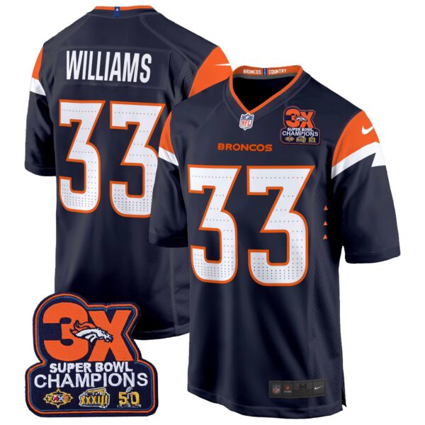 Denver Broncos 3-Time Champions Patch Game Jersey – Al Stitched – Navy – Javonte Williams Jersey