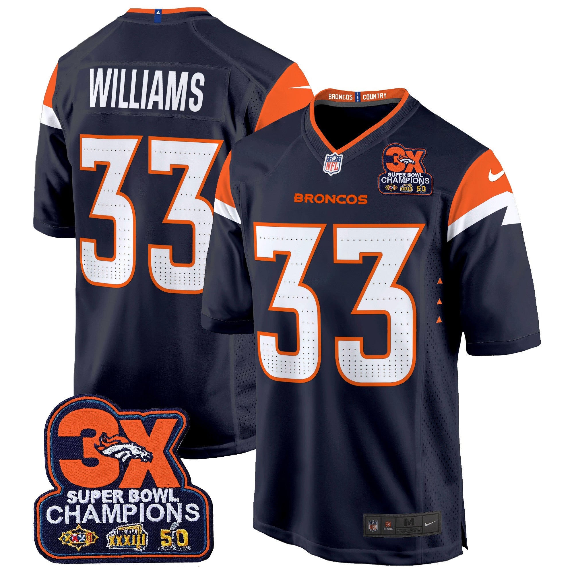 Denver Broncos 3-Time Champions Patch Game Jersey – Al Stitched – Navy – Javonte Williams Jersey