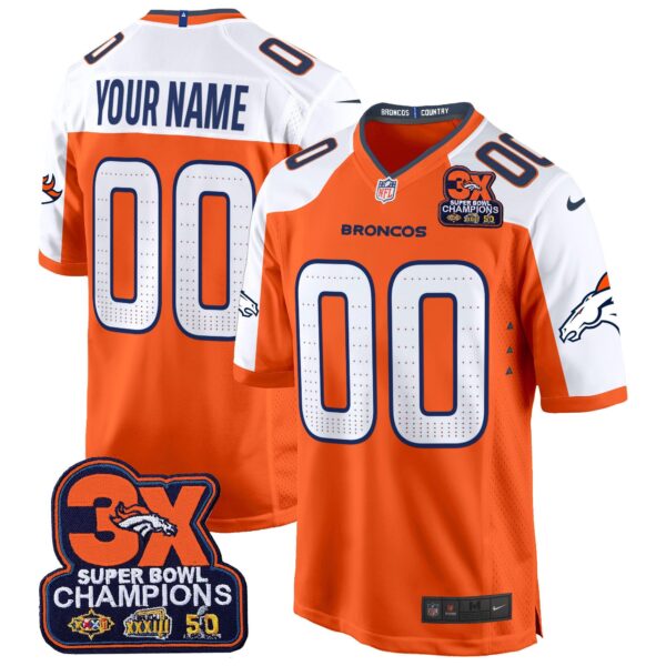 Denver Broncos 3-Time Champions Patch Game Custom Jersey – Al Stitched – Orange Alternate Jersey