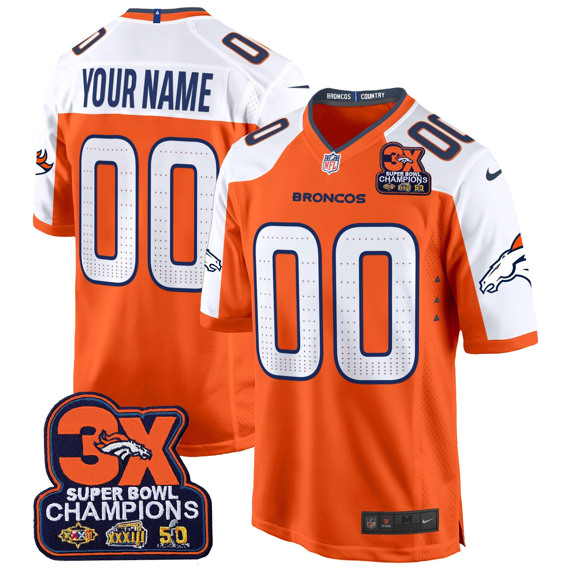 Denver Broncos 3-Time Champions Patch Game Custom Jersey – Al Stitched – Orange Alternate Jersey