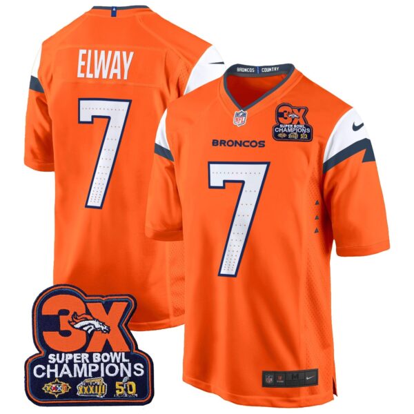Denver Broncos 3-Time Champions Patch Game Jersey – Al Stitched – Orange – John Elway Jersey