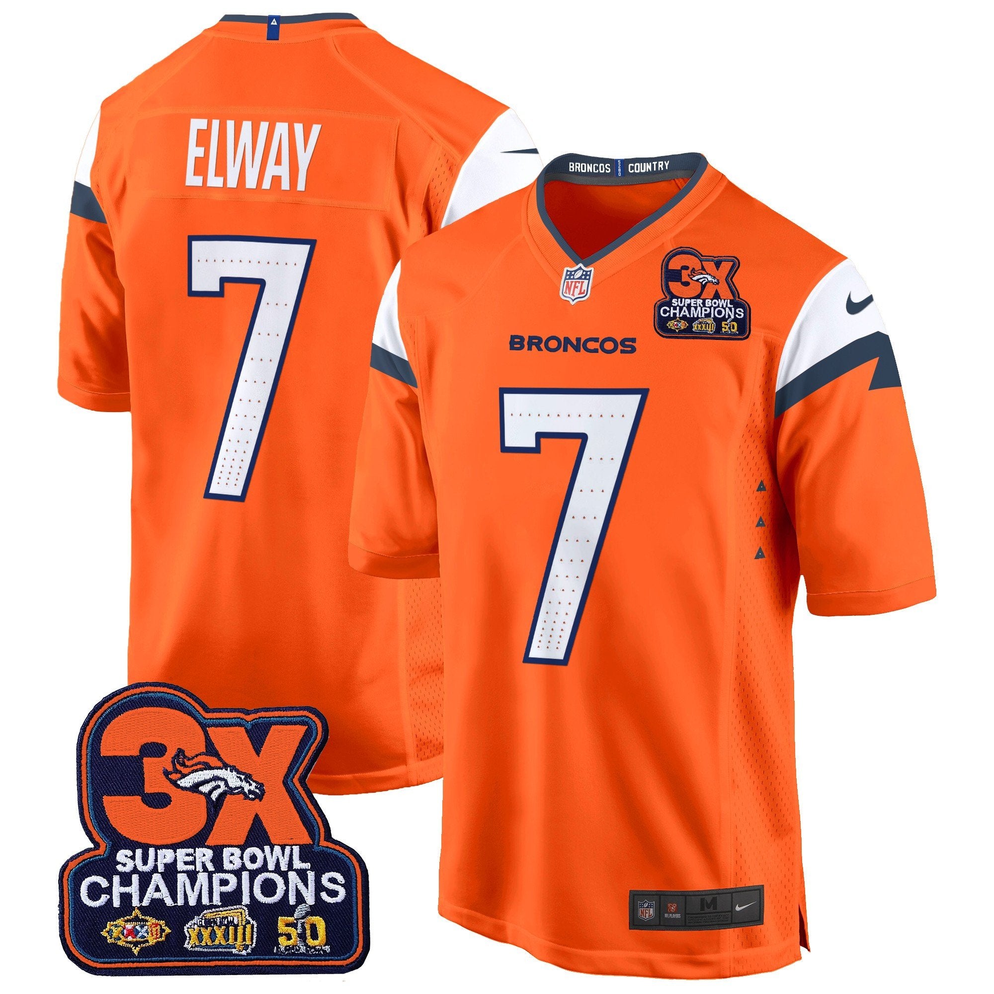 Denver Broncos 3-Time Champions Patch Game Jersey – Al Stitched – Orange – John Elway Jersey