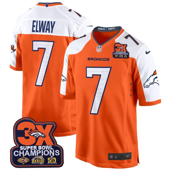 Denver Broncos 3-Time Champions Patch Game Jersey – Al Stitched – Orange Alternate – John Elway Jersey