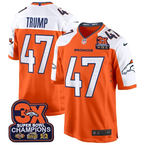 Denver Broncos 3-Time Champions Patch Game Jersey – Al Stitched – Orange Alternate – Donald Trump Jersey