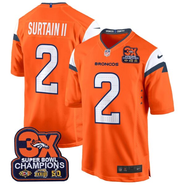 Denver Broncos 3-Time Champions Patch Game Jersey – Al Stitched – Orange – Patrick Surtain II Jersey
