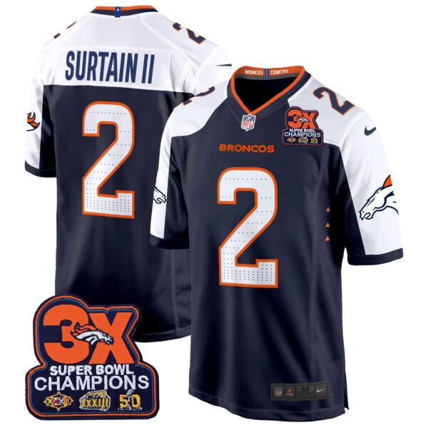 Denver Broncos 3-Time Champions Patch Game Jersey – Al Stitched – Navy Alternate – Patrick Surtain II Jersey