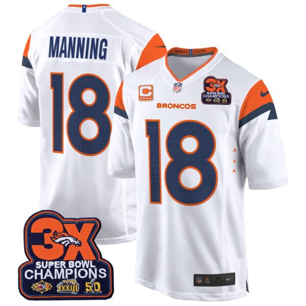 Denver Broncos 3-Time Champions Patch Game Jersey – Al Stitched – White – Peyton Manning Jersey