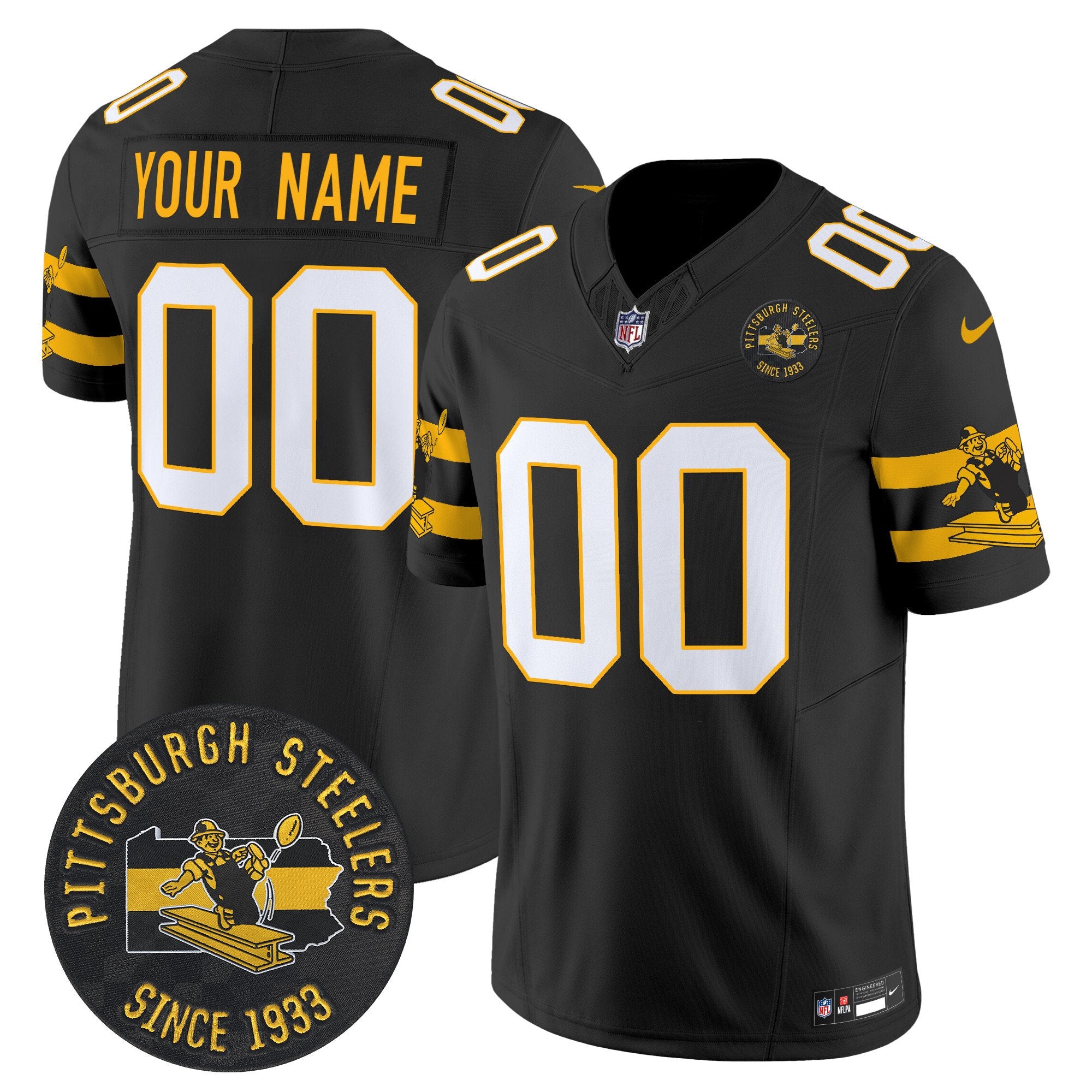 Pittsburgh Steelers Throwback 1933 Patch Vapor Limited Custom Jersey – All Stitched – Black Jersey