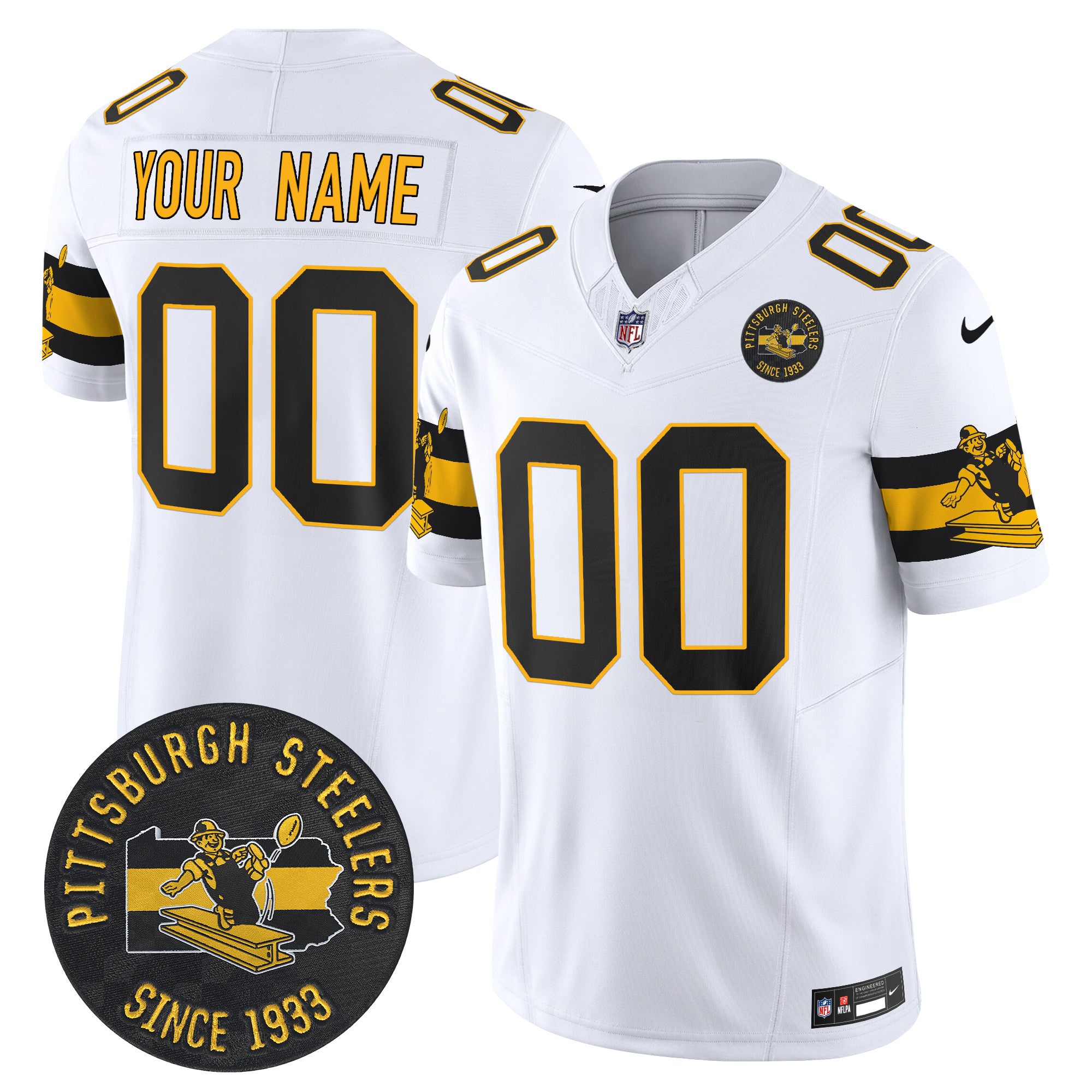 Pittsburgh Steelers Throwback 1933 Patch Vapor Limited Custom Jersey – All Stitched – White Jersey