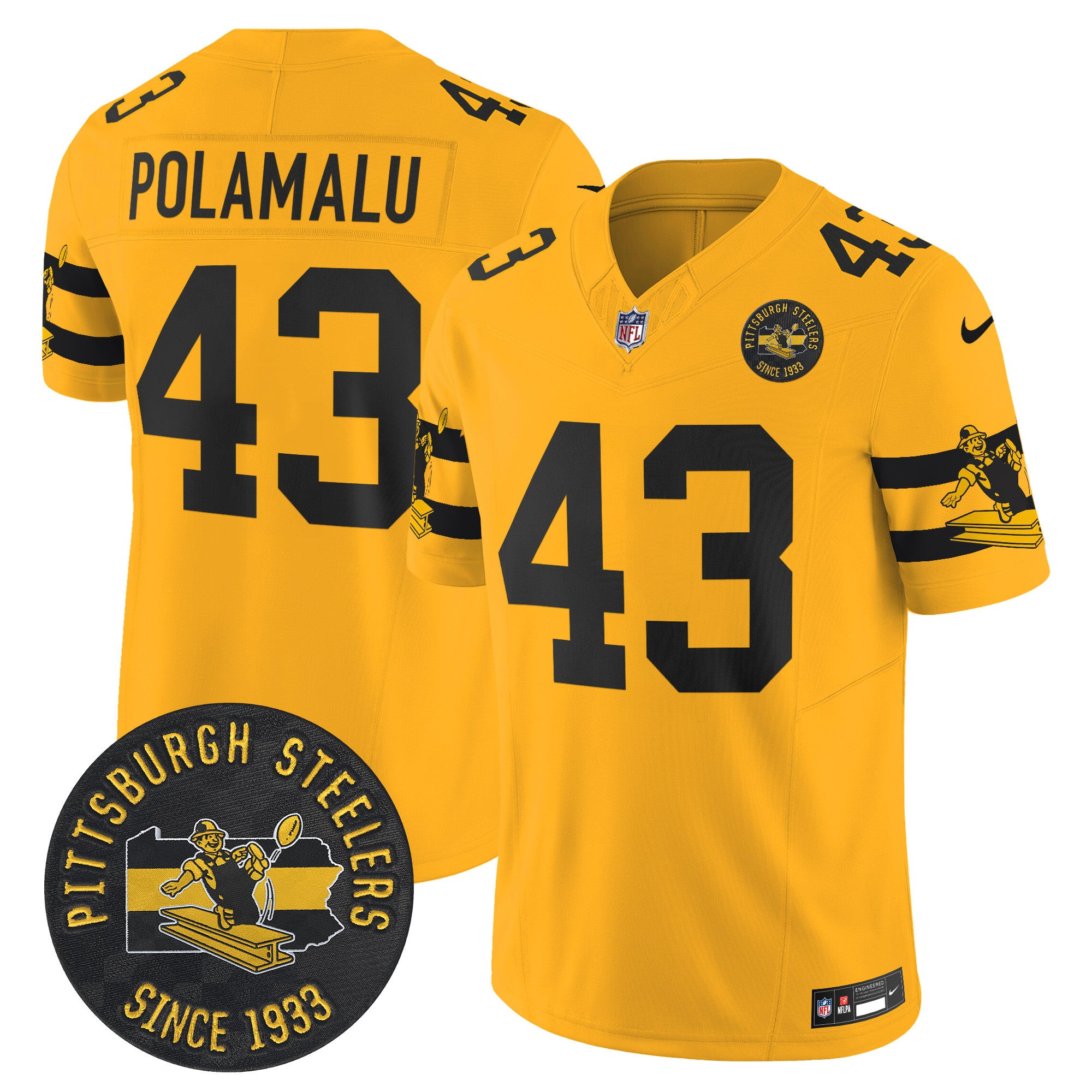 Pittsburgh Steelers Throwback 1933 Patch Vapor Limited Jersey – All Stitched – Gold – Troy Polamalu Jersey