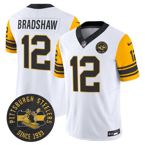 Pittsburgh Steelers Throwback 1962 Vapor Limited Jersey – Est. 1933 Patch – All Stitched – White – Terry Bradshaw Jersey