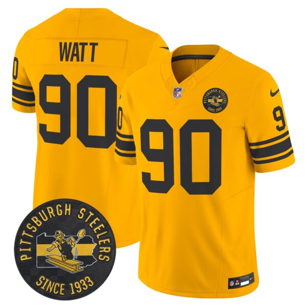 Pittsburgh Steelers Throwback 1962 Vapor Limited Jersey – Est. 1933 Patch – All Stitched – Gold – T. J. Watt Jersey