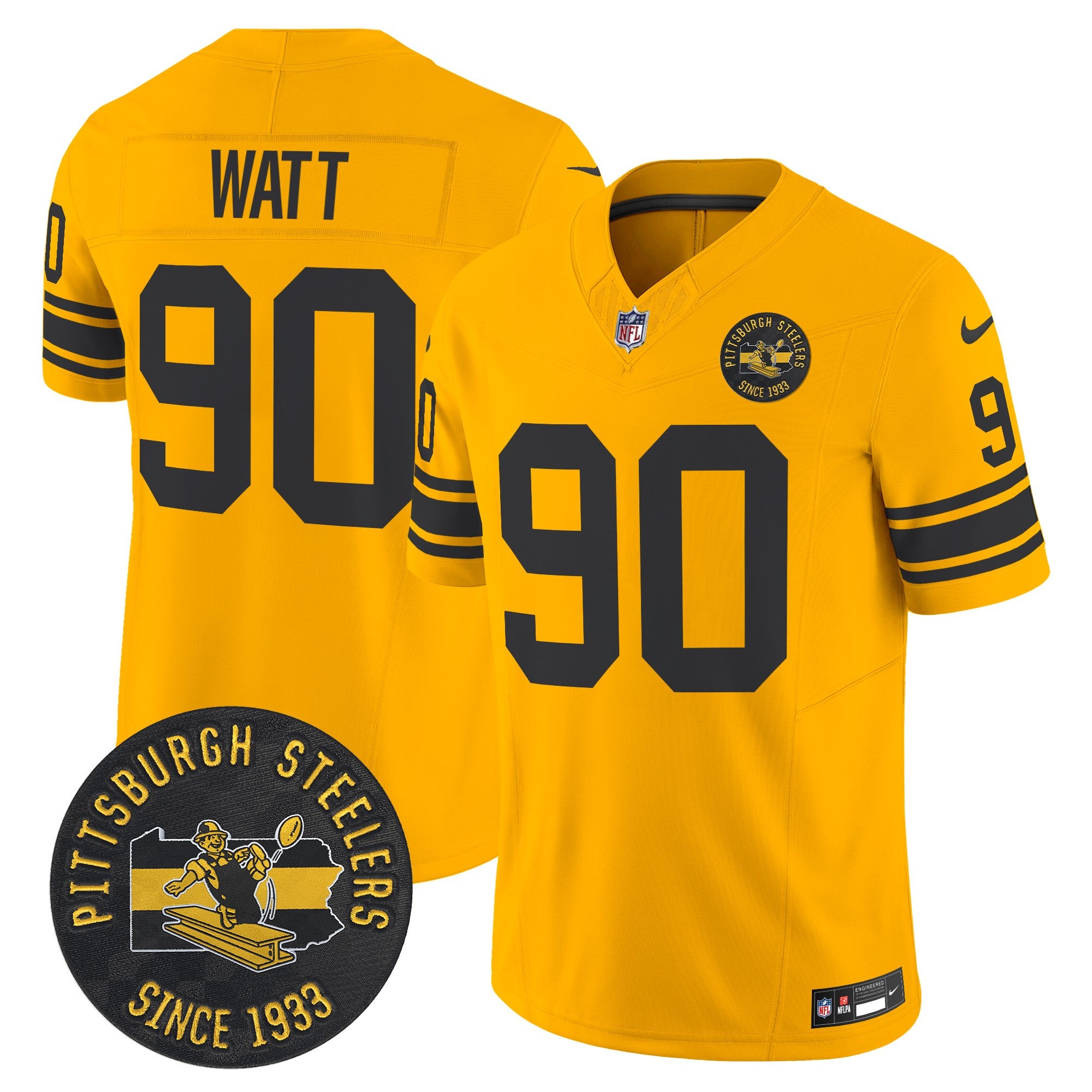 Pittsburgh Steelers Throwback 1962 Vapor Limited Jersey – Est. 1933 Patch – All Stitched – Gold – T. J. Watt Jersey