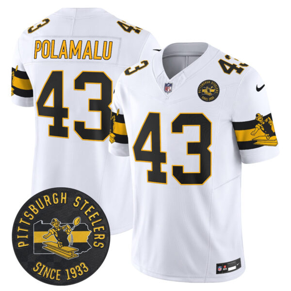 Pittsburgh Steelers Throwback 1933 Patch Vapor Limited Jersey – All Stitched – White – Troy Polamalu Jersey