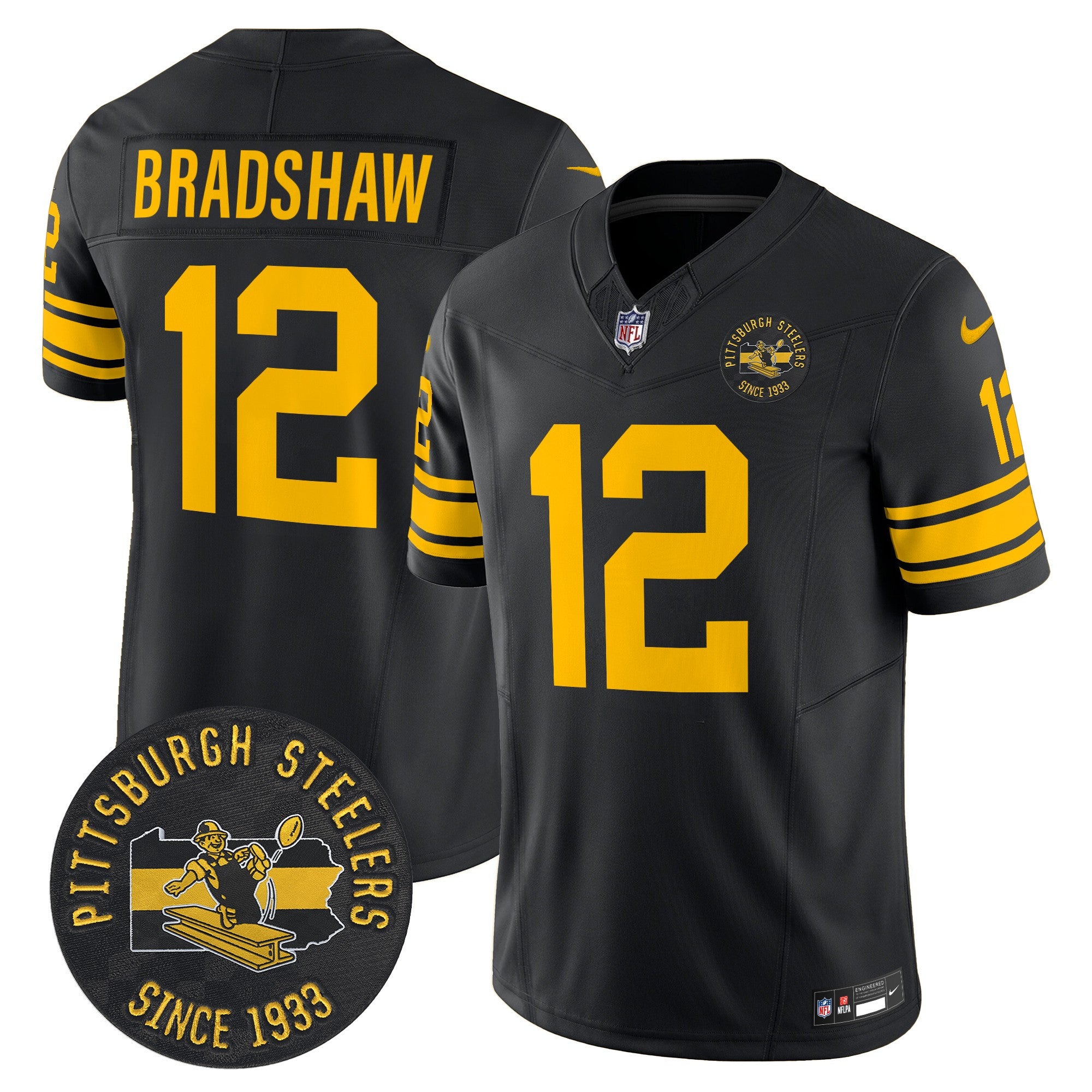 Pittsburgh Steelers Throwback 1962 Vapor Limited Jersey – Est. 1933 Patch – All Stitched – Black – Terry Bradshaw Jersey
