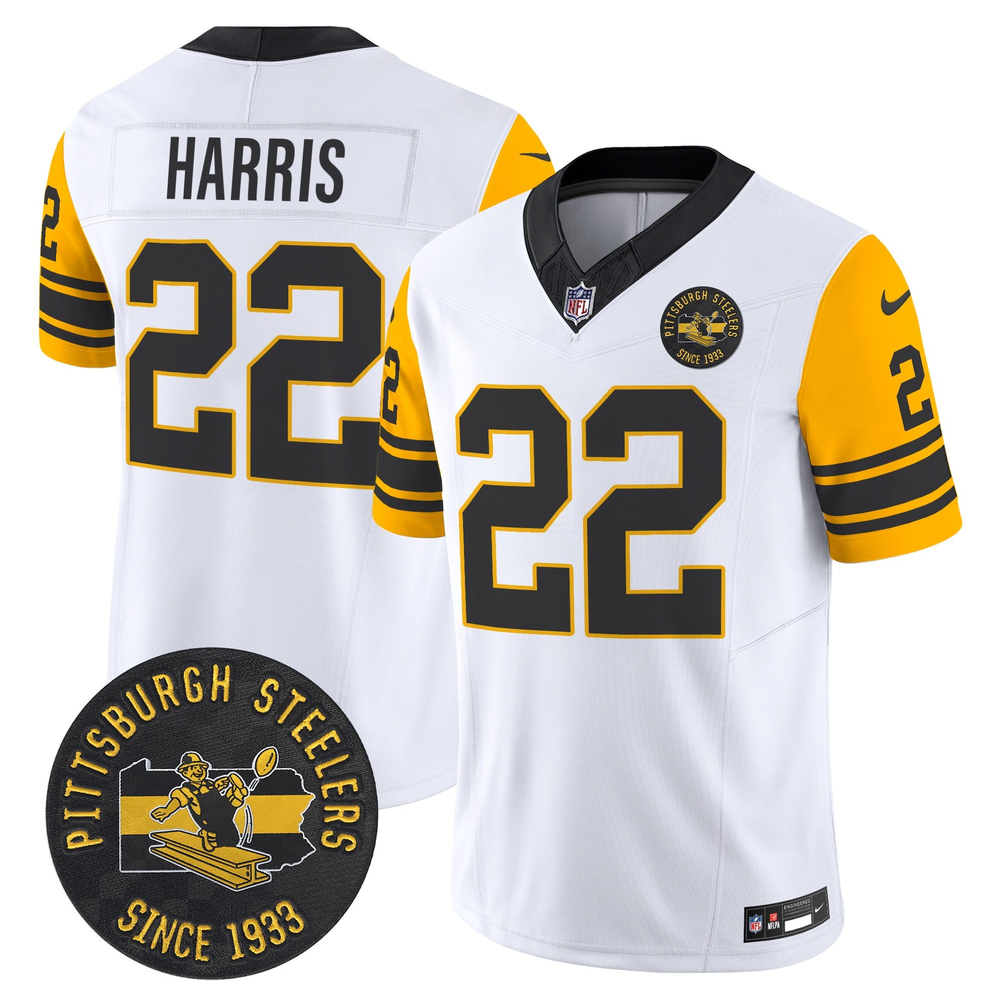 Pittsburgh Steelers Throwback 1962 Vapor Limited Jersey – Est. 1933 Patch – All Stitched – White – Najee Harris Jersey