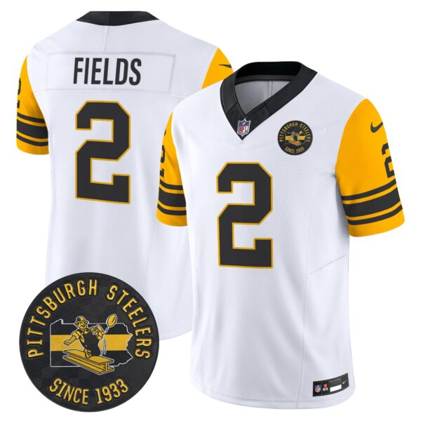 Pittsburgh Steelers Throwback 1962 Vapor Limited Jersey – Est. 1933 Patch – All Stitched – White – Justin Fields Jersey