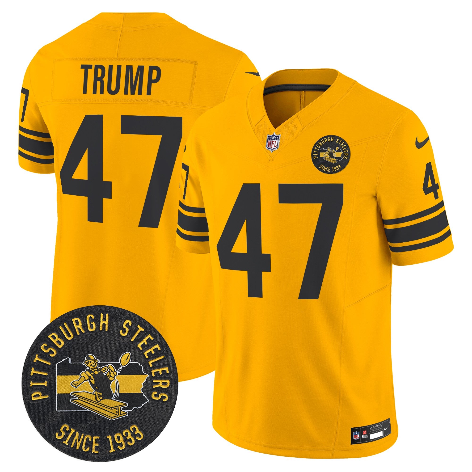 Pittsburgh Steelers Throwback 1962 Vapor Limited Jersey – Est. 1933 Patch – All Stitched – Gold – Donald Trump Jersey