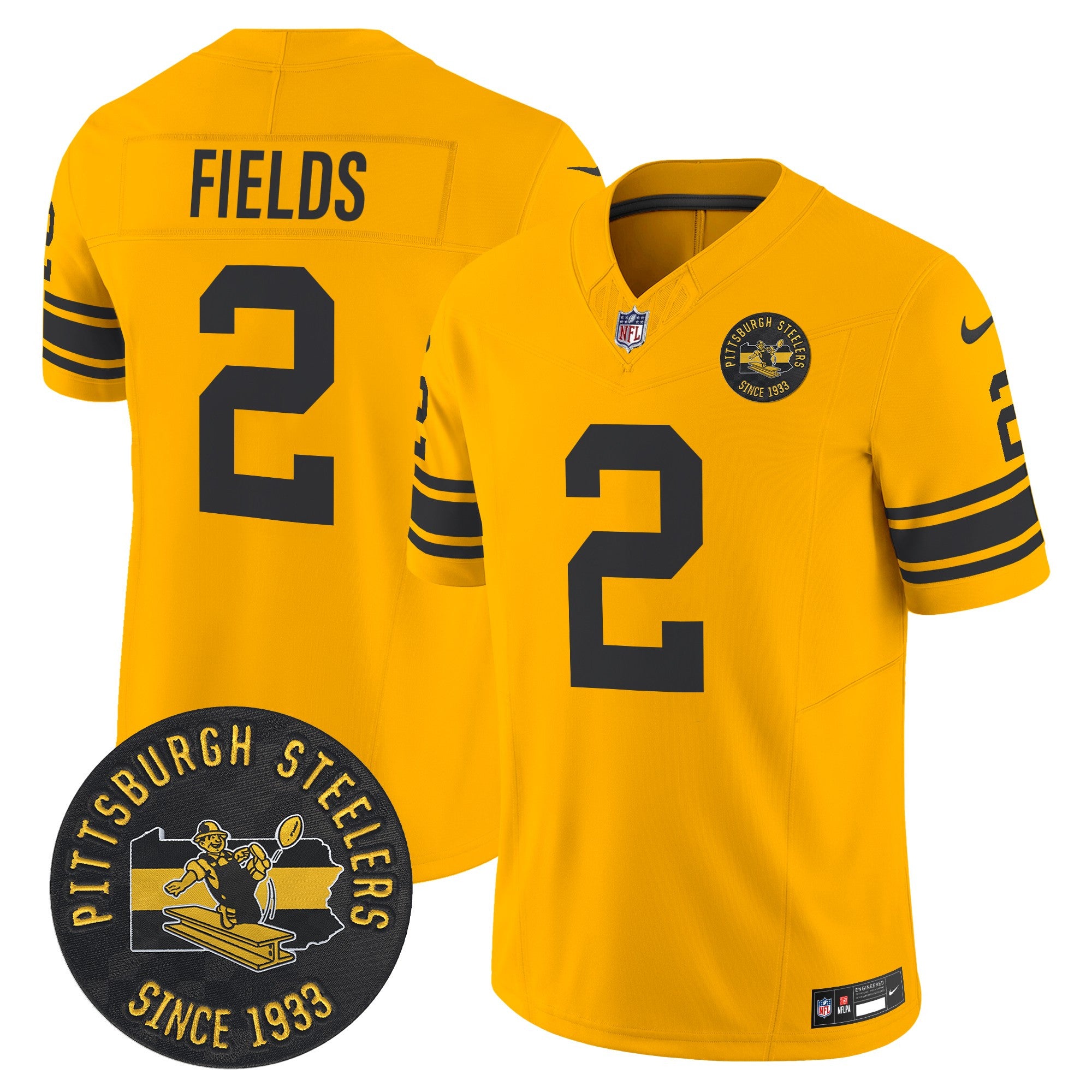 Pittsburgh Steelers Throwback 1962 Vapor Limited Jersey – Est. 1933 Patch – All Stitched – Gold – Justin Fields Jersey