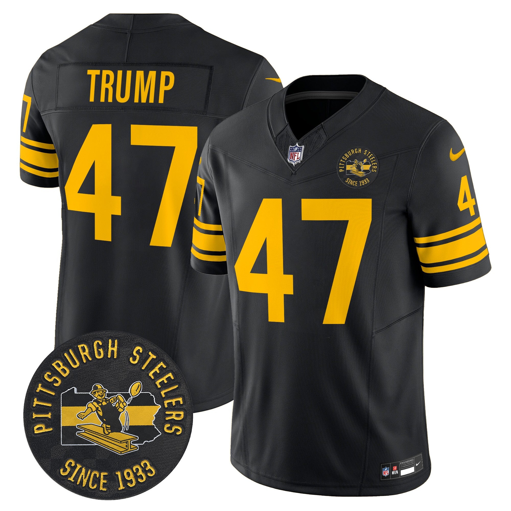 Pittsburgh Steelers Throwback 1962 Vapor Limited Jersey – Est. 1933 Patch – All Stitched – Black – Donald Trump Jersey