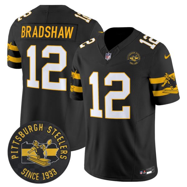 Pittsburgh Steelers Throwback 1933 Patch Vapor Limited Jersey – All Stitched – Black – Terry Bradshaw Jersey