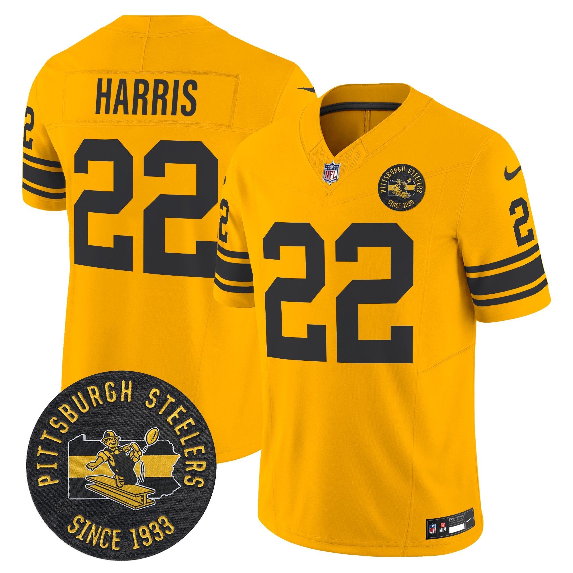 Pittsburgh Steelers Throwback 1962 Vapor Limited Jersey – Est. 1933 Patch – All Stitched – Gold – Najee Harris Jersey