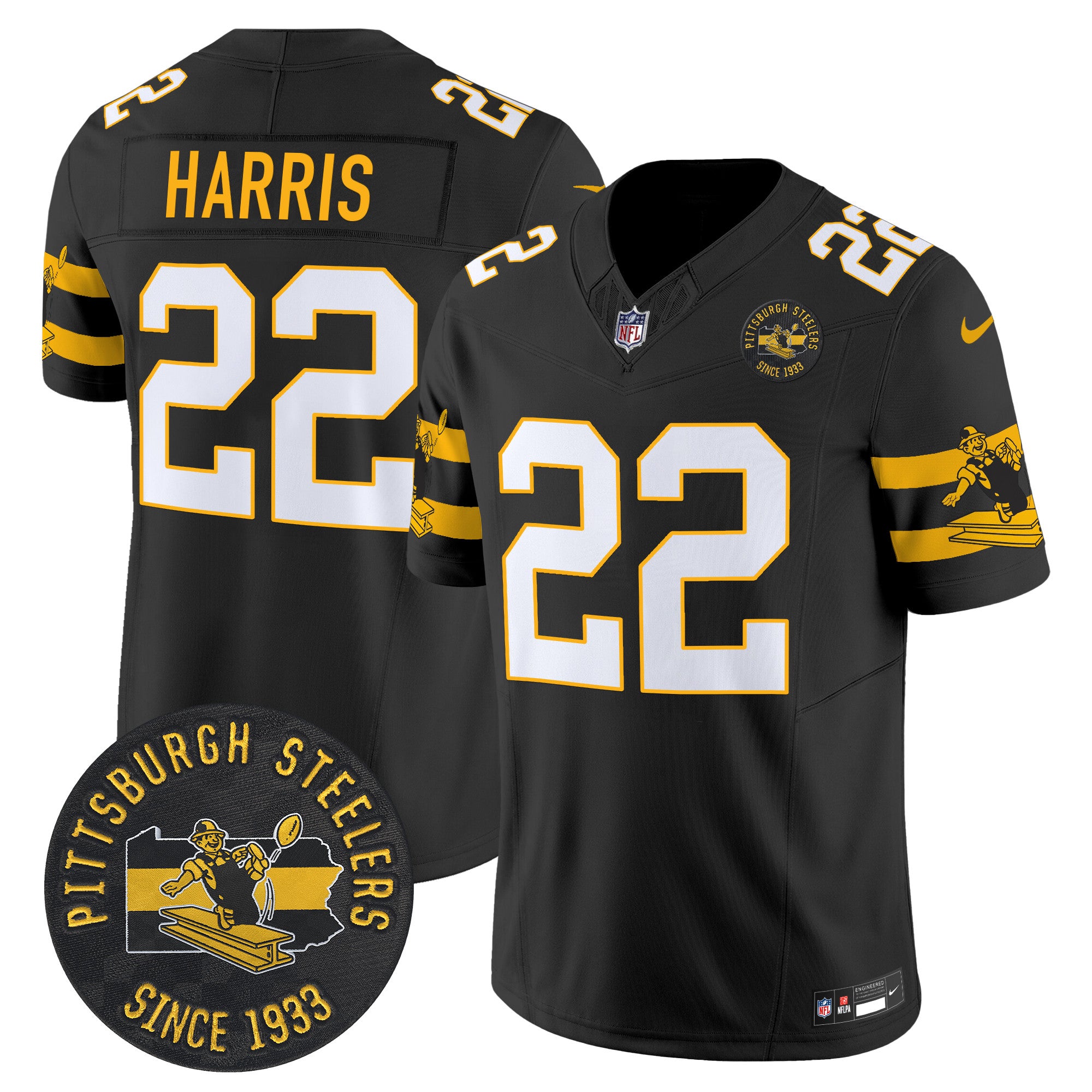 Pittsburgh Steelers Throwback 1933 Patch Vapor Limited Jersey – All Stitched – Black – Najee Harris Jersey