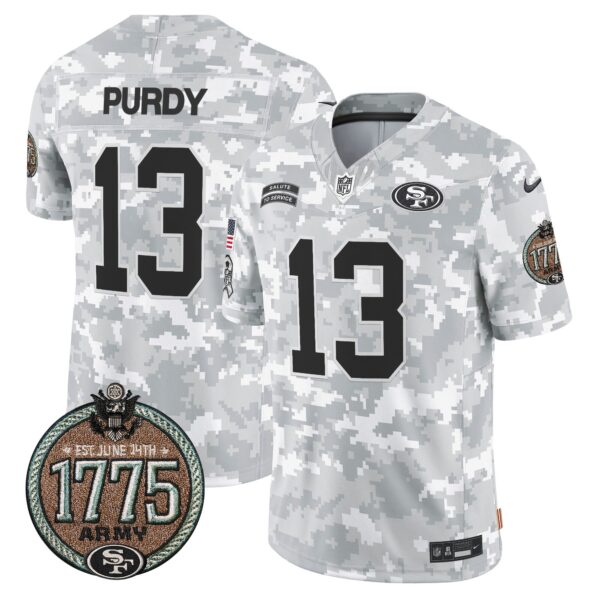 49ers 2024 Salute to Service Establishment Year Patch Vapor Limited Jersey – All Stitched – Army – Brock Purdy Jersey