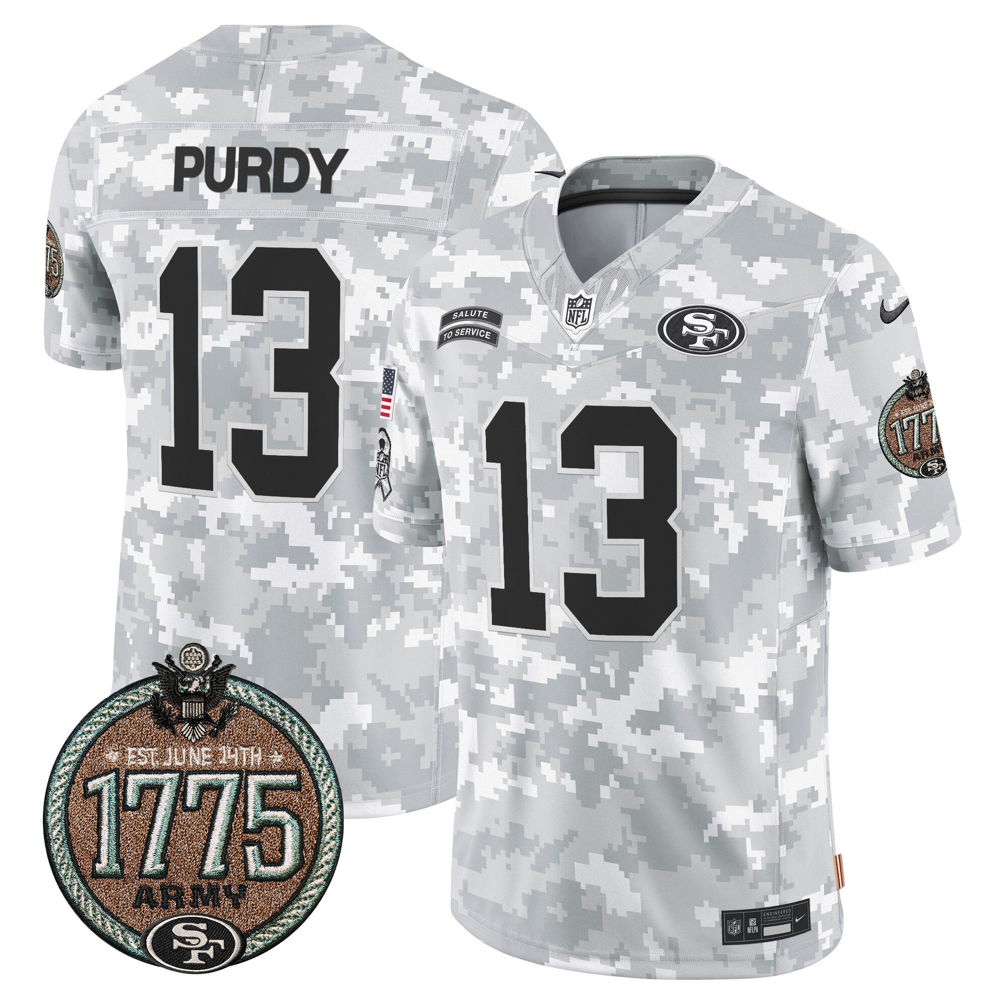49ers 2024 Salute to Service Establishment Year Patch Vapor Limited Jersey – All Stitched – Army – Brock Purdy Jersey