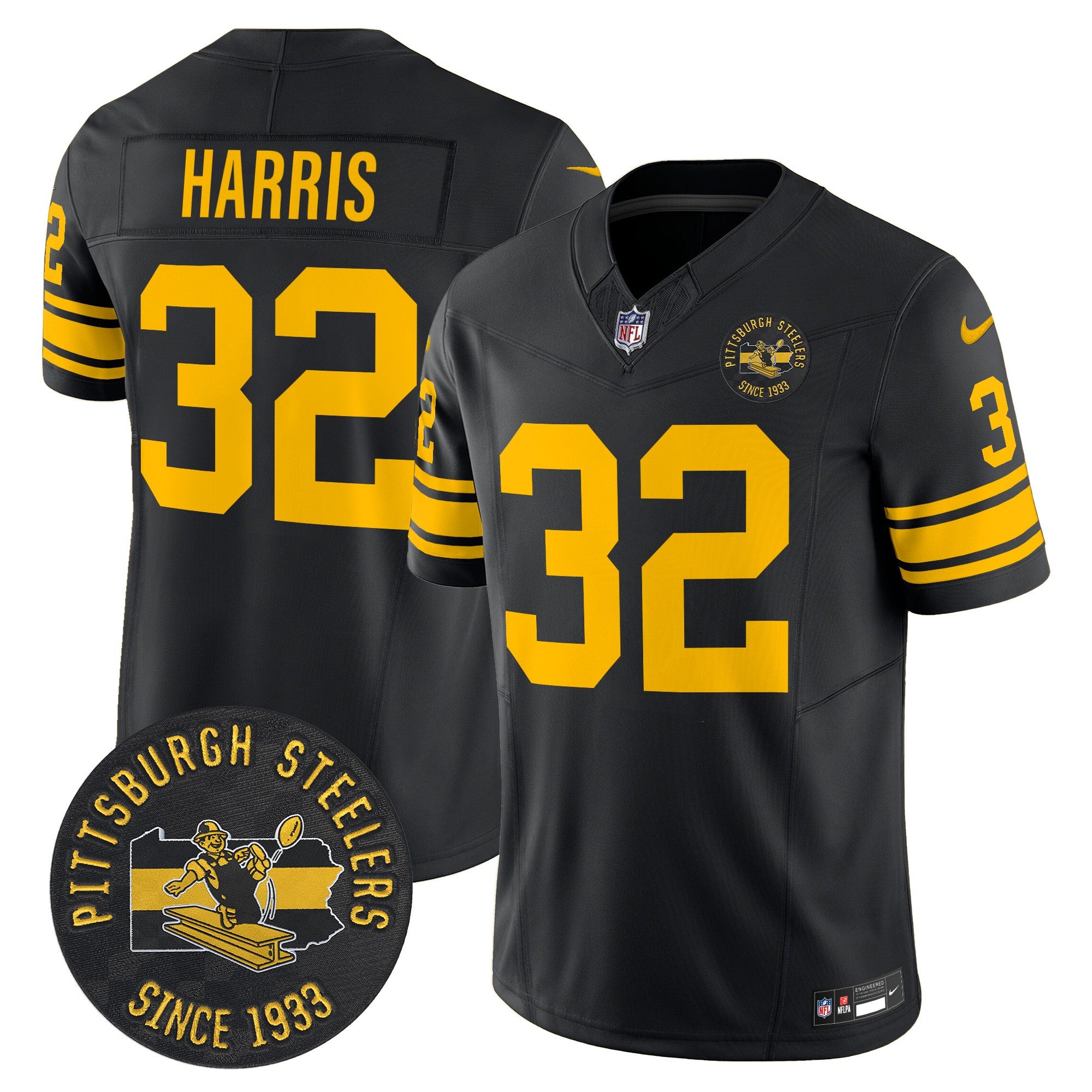 Pittsburgh Steelers Throwback 1962 Vapor Limited Jersey – Est. 1933 Patch – All Stitched – Black – Franco Harris Jersey