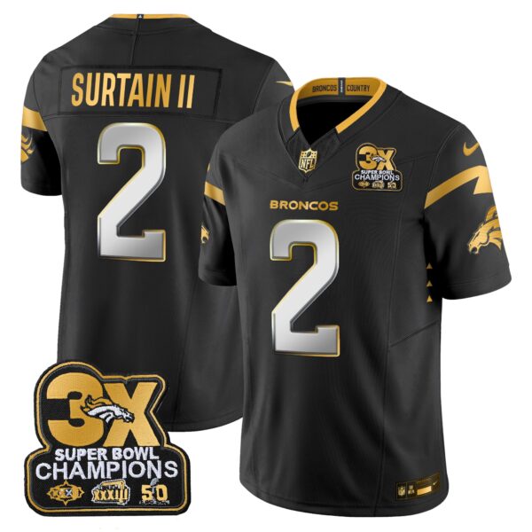 Denver Broncos 3-Time Champions Patch Gold Vapor Limited Jersey – All Stitched – Black Limited – Patrick Surtain II Jersey