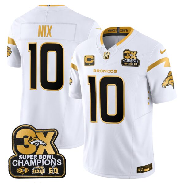 Denver Broncos 3-Time Champions Patch Gold Vapor Limited Jersey – All Stitched – White Gold – Bo Nix Jersey